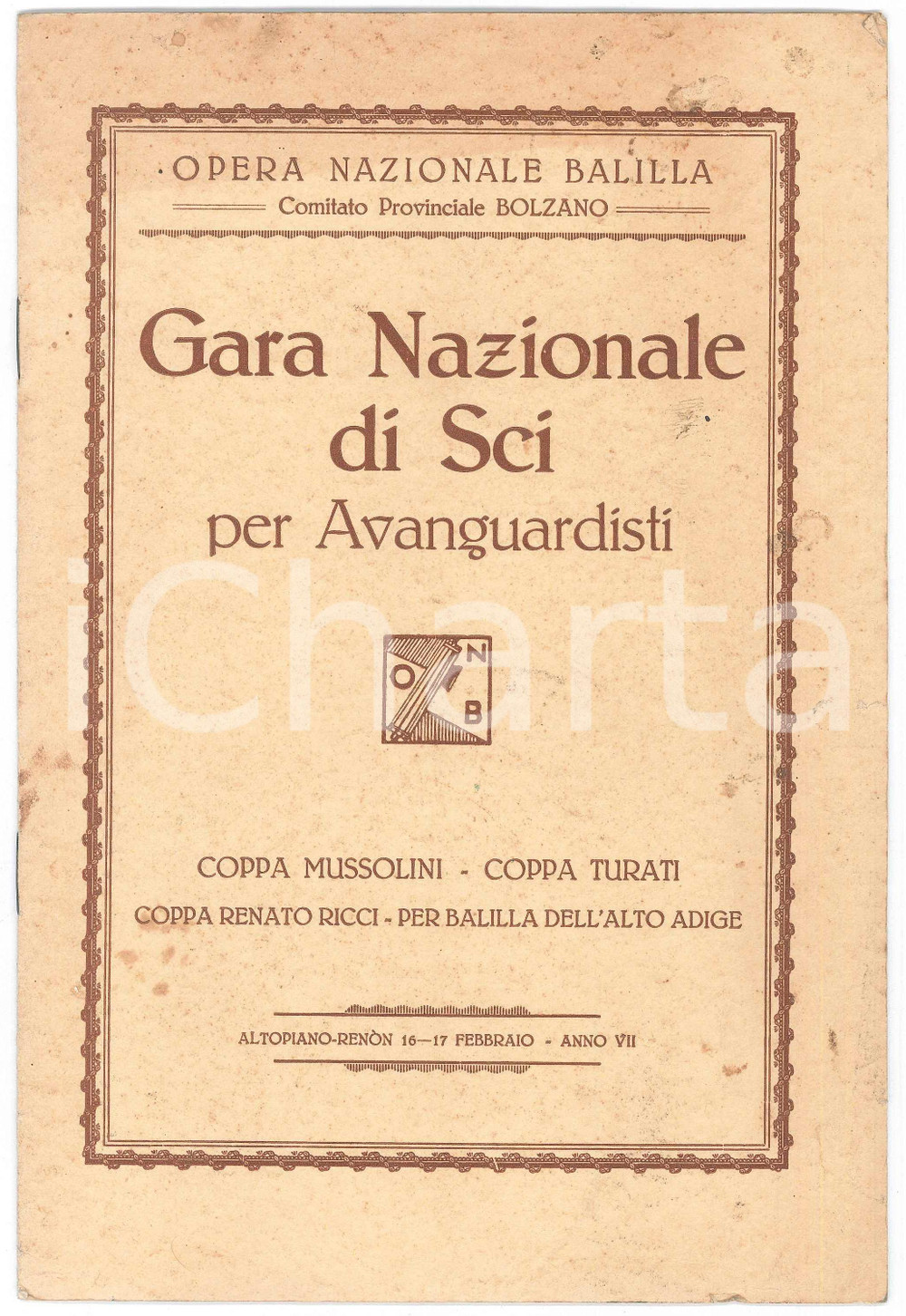 Libro, pubblicazione d epoca 1929 ONB BOLZANO Gara Nazionale di Sci per Avanguardisti all Altopiano RENON 1