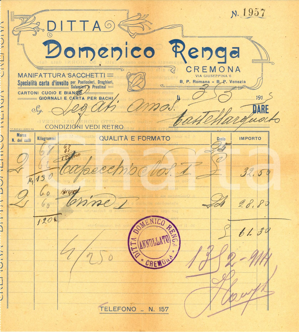 Documento originale, autentico 1915 CREMONA Domenico RENGA manifattura sacchetti e carta Fattura intestata 1