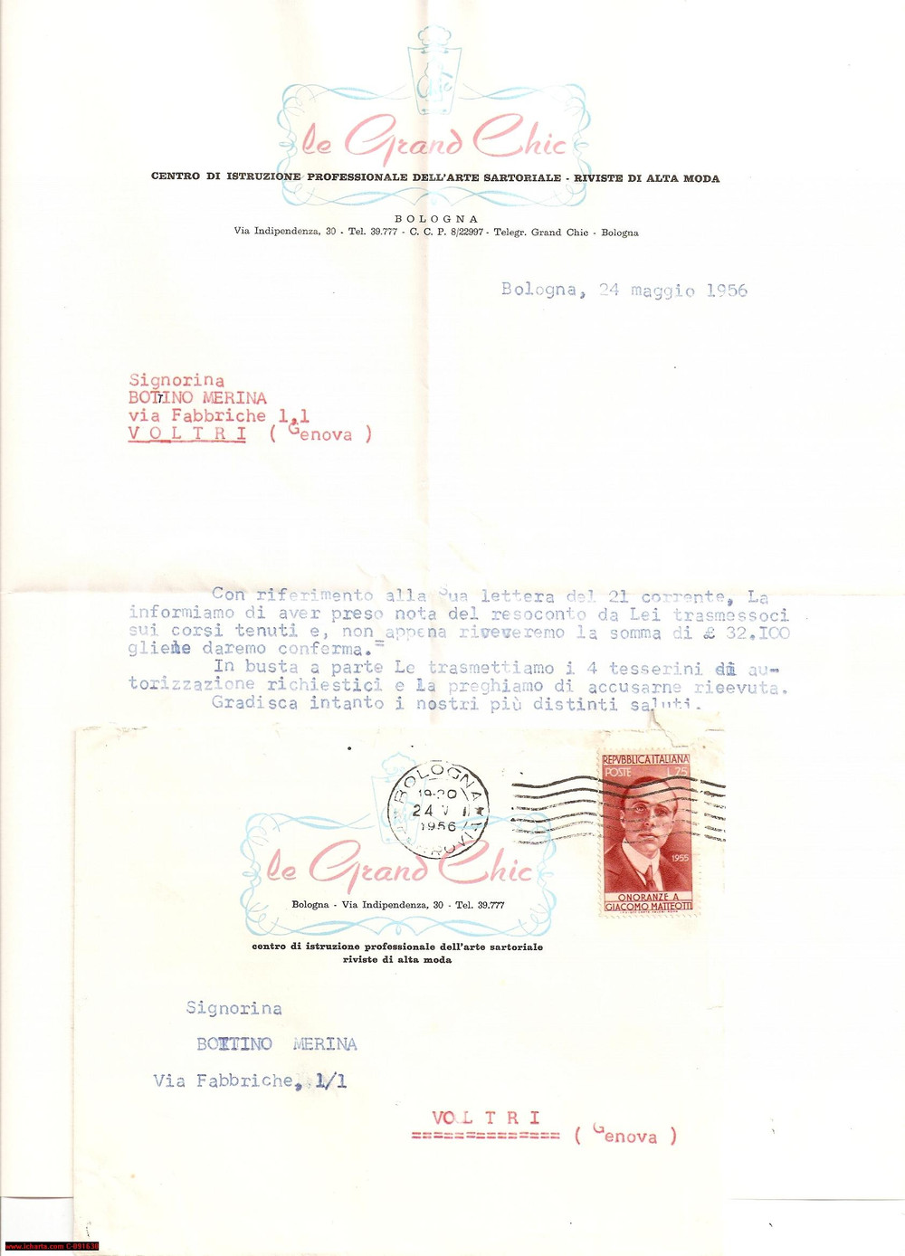 Manoscritto, lettera originale 1956 BOLOGNA  LE GRAND CHIC Istruzione professionale arte sartoriale  Lettera 1