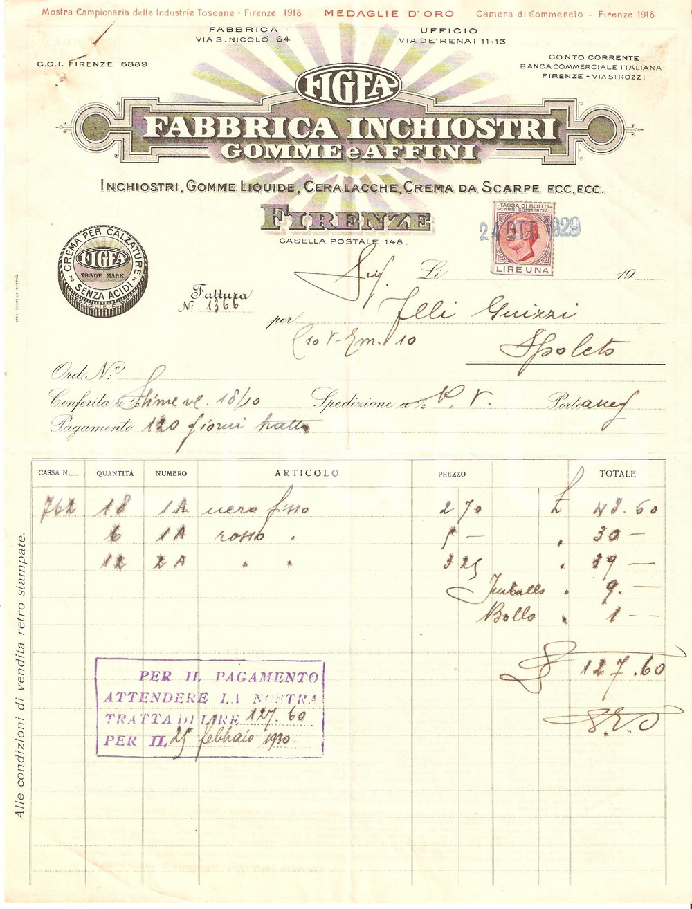 Documento originale, autentico 1929 FIRENZE Fabbrica Inchiostri GOMME e Affini FIGEA Fattura 1