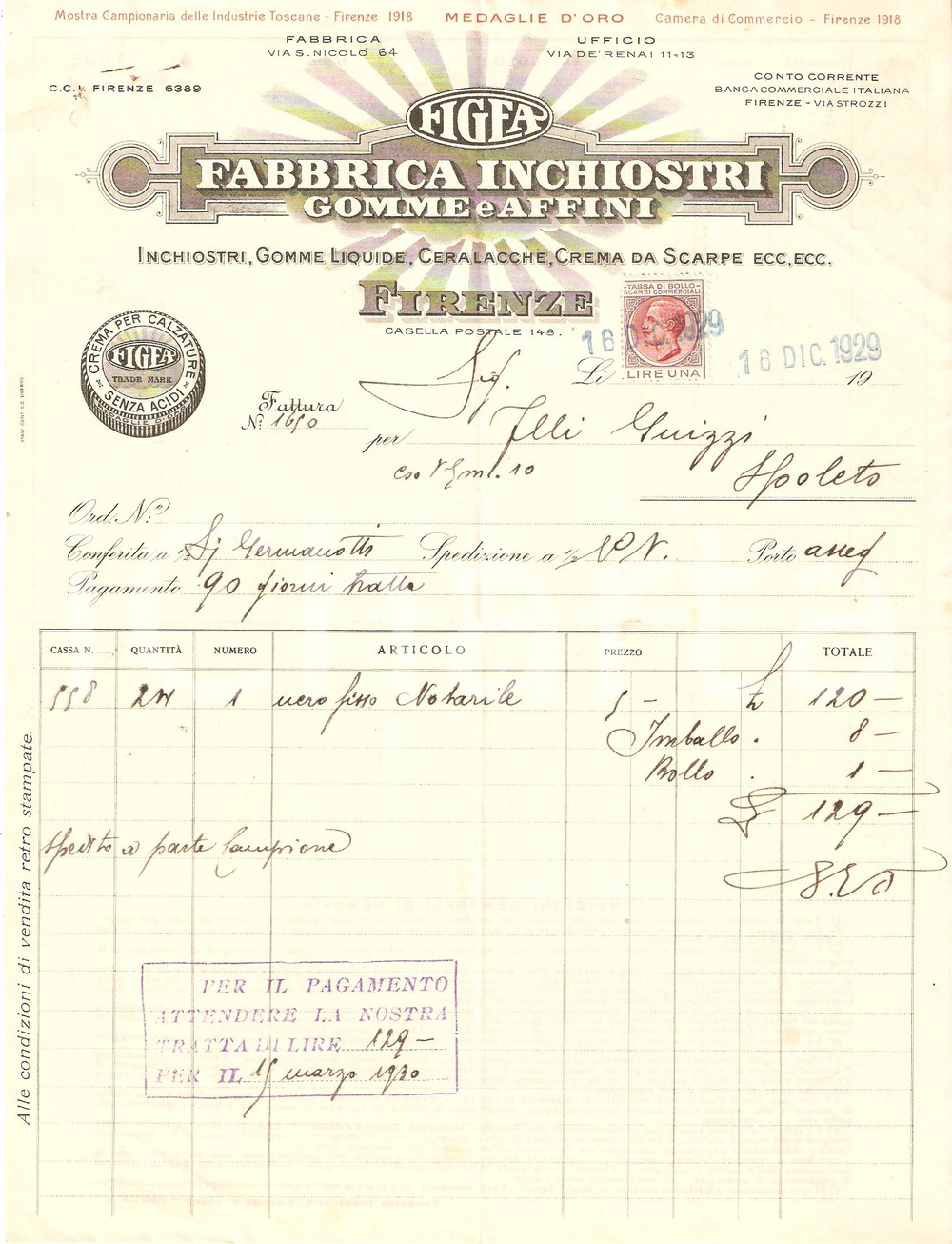 Documento originale, autentico 1929 FIRENZE Fabbrica INCHIOSTRI gomme e Affini FIGEA Fattura 1