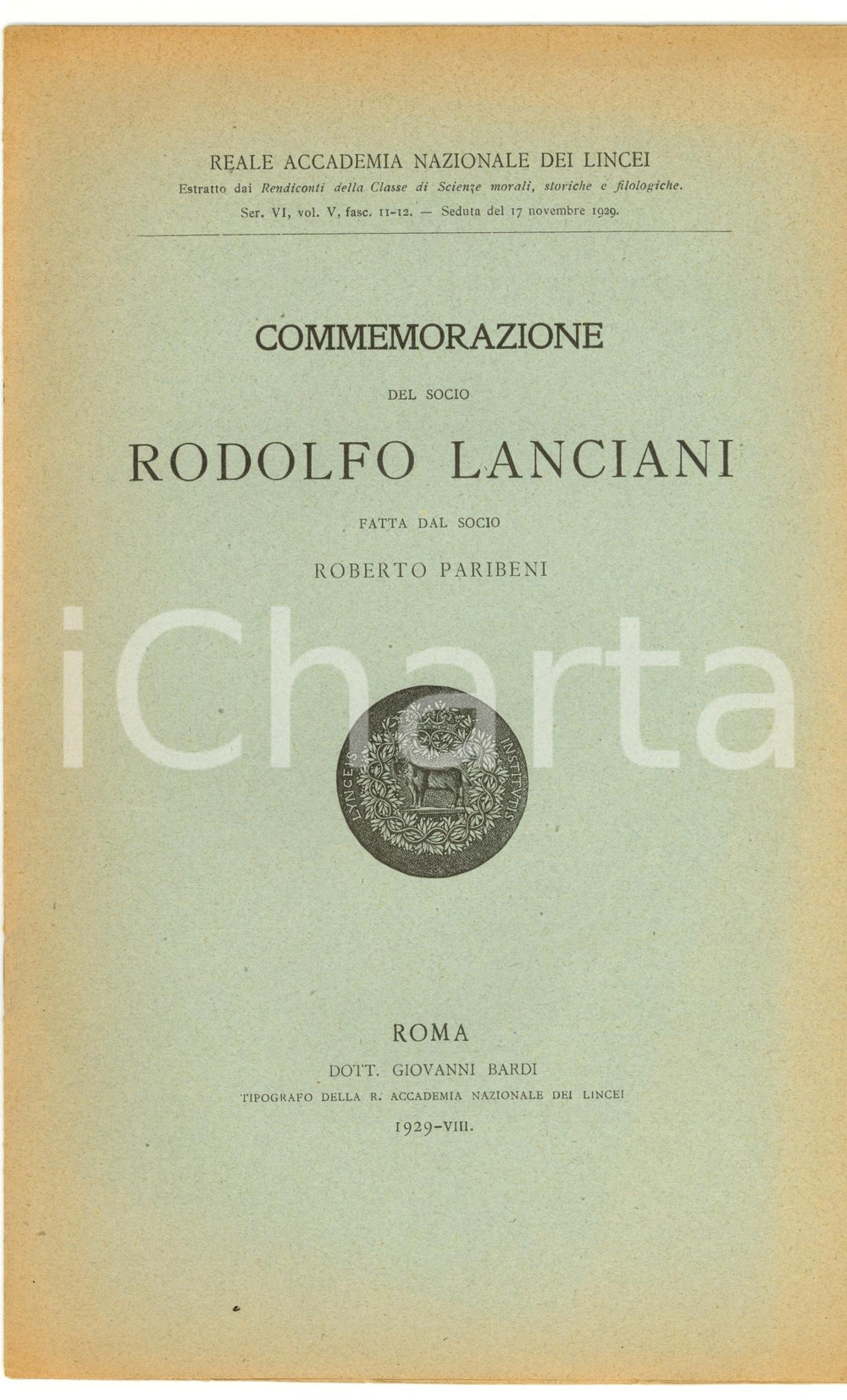 Oggetto da collezione cartaceo 1929 Roberto PARIBENI Commemorazione Rodolfo LANCIANI 2 1