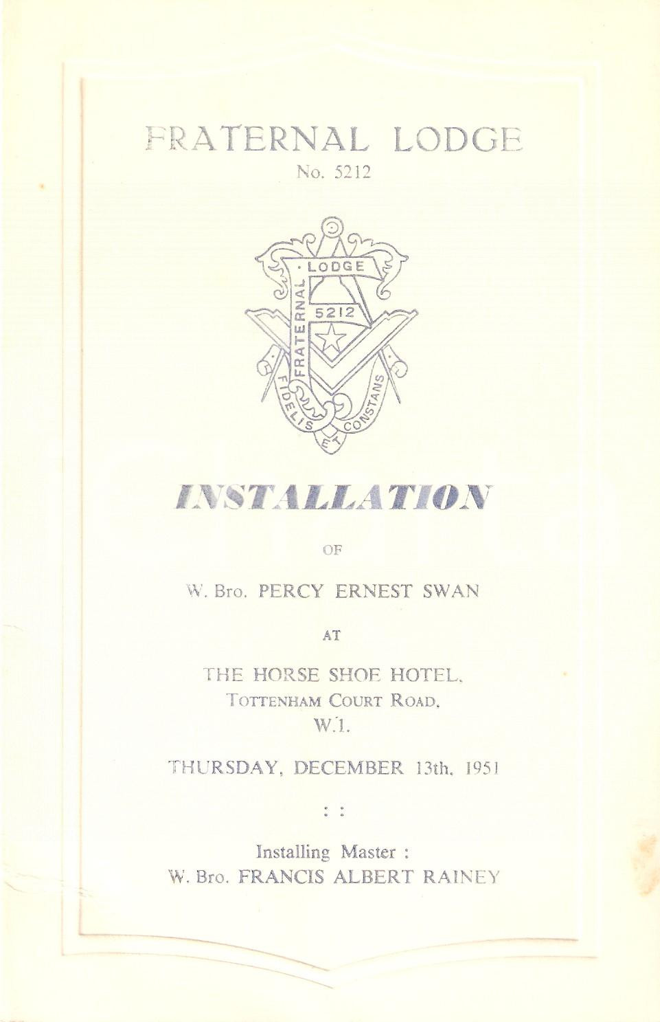 Oggetto da collezione cartaceo 1951 LONDON MASSONERIA Fraternal Lodge 5212 Installation menu 2 1