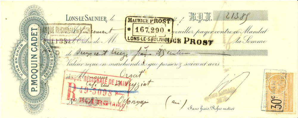 Oggetto da collezione cartaceo 1925 LONSLESAUNIER  P. MOQUIN CADET vins en gros Cambiale pubblicitaria 1