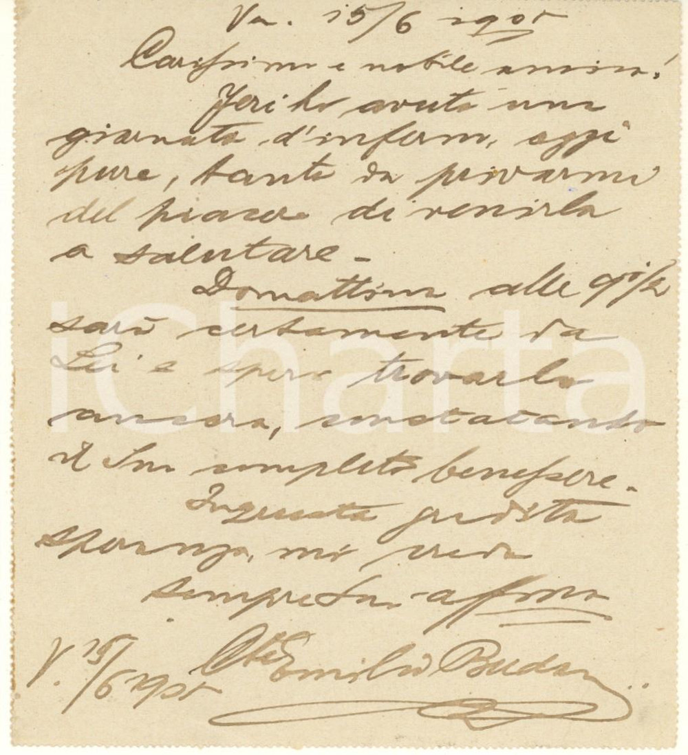 Autografo originale 1905 VENEZIA Conte Emilio BUDAN  Biglietto postale per incontro AUTOGRAFO 1