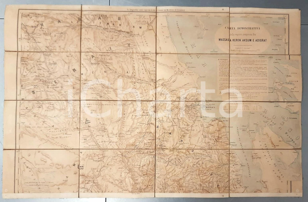 Mappa, planimetria storica 1885 ca AOI Carta regione MASSAUA, KEREN, AKSUM e ADIGRAT  Mappa su tela 80x50 1