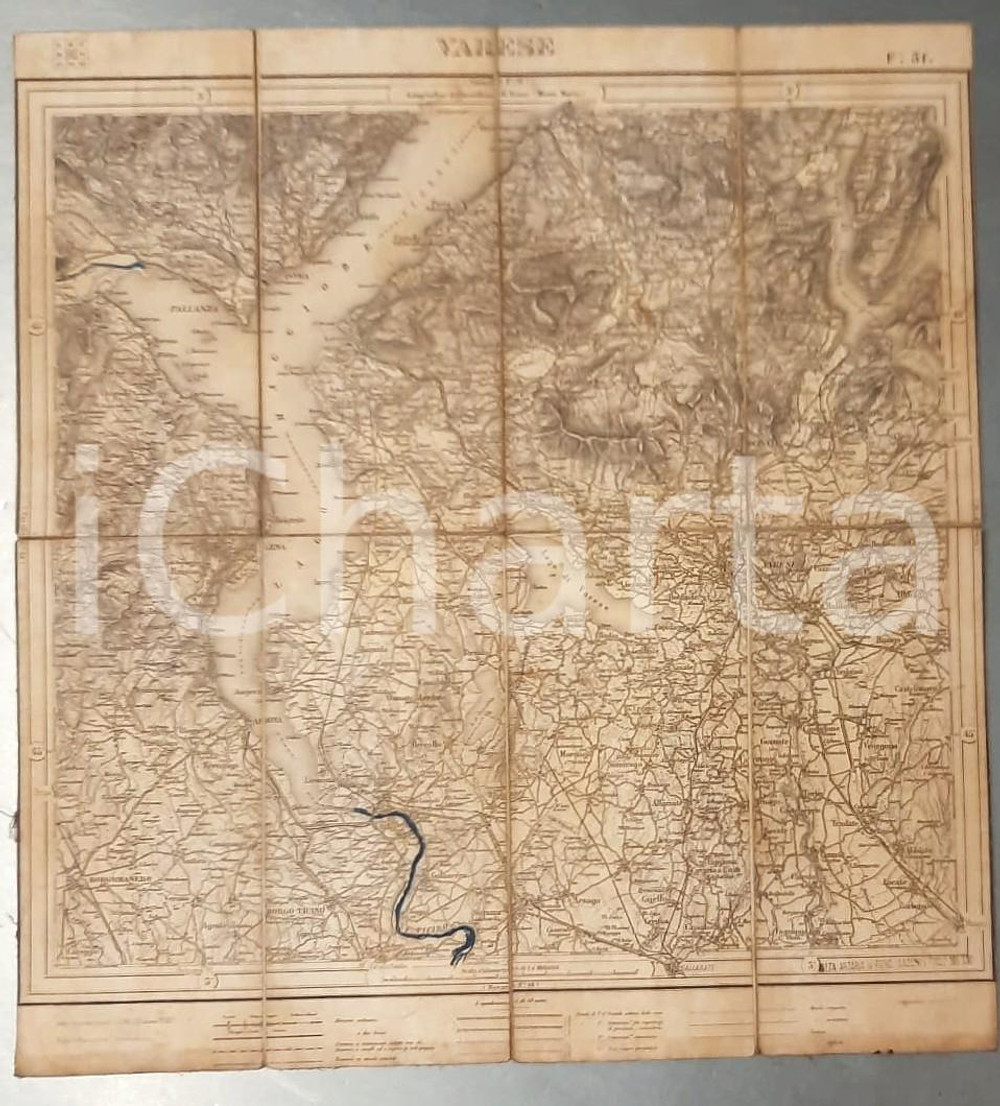 1895 VARESE - Carta d'Italia Istituto Geografico Militare *Mappa su tela 42x45 Mappa pieghevole d'epoca, dell'Istituto Geografico Militare, montata su tela. Coloritura centrale.Timbro della "Ditta Artaria di Ferd. Sacchi e Figli". CONDIZIONI:FAIR/discreto bruniture al lato inferioreFORMATO: 42x45 cm originale e autentica 1