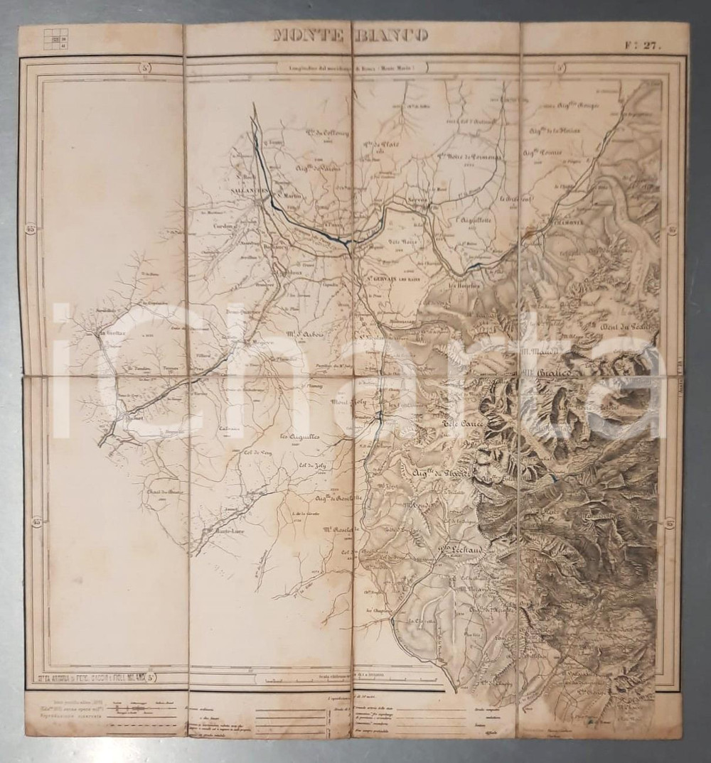 1895 MONTE BIANCO - Istituto Geografico Militare - Mappa su tela 42x45 cm Mappa pieghevole d'epoca, dell'Istituto Geografico Militare, montata su tela. Coloritura centrale.Timbro della "Ditta Artaria di Ferd. Sacchi e Figli". CONDIZIONI:FAIR/discreto fioriture al lato inferioreFORMATO: 42x45 cm originale e autentica 1