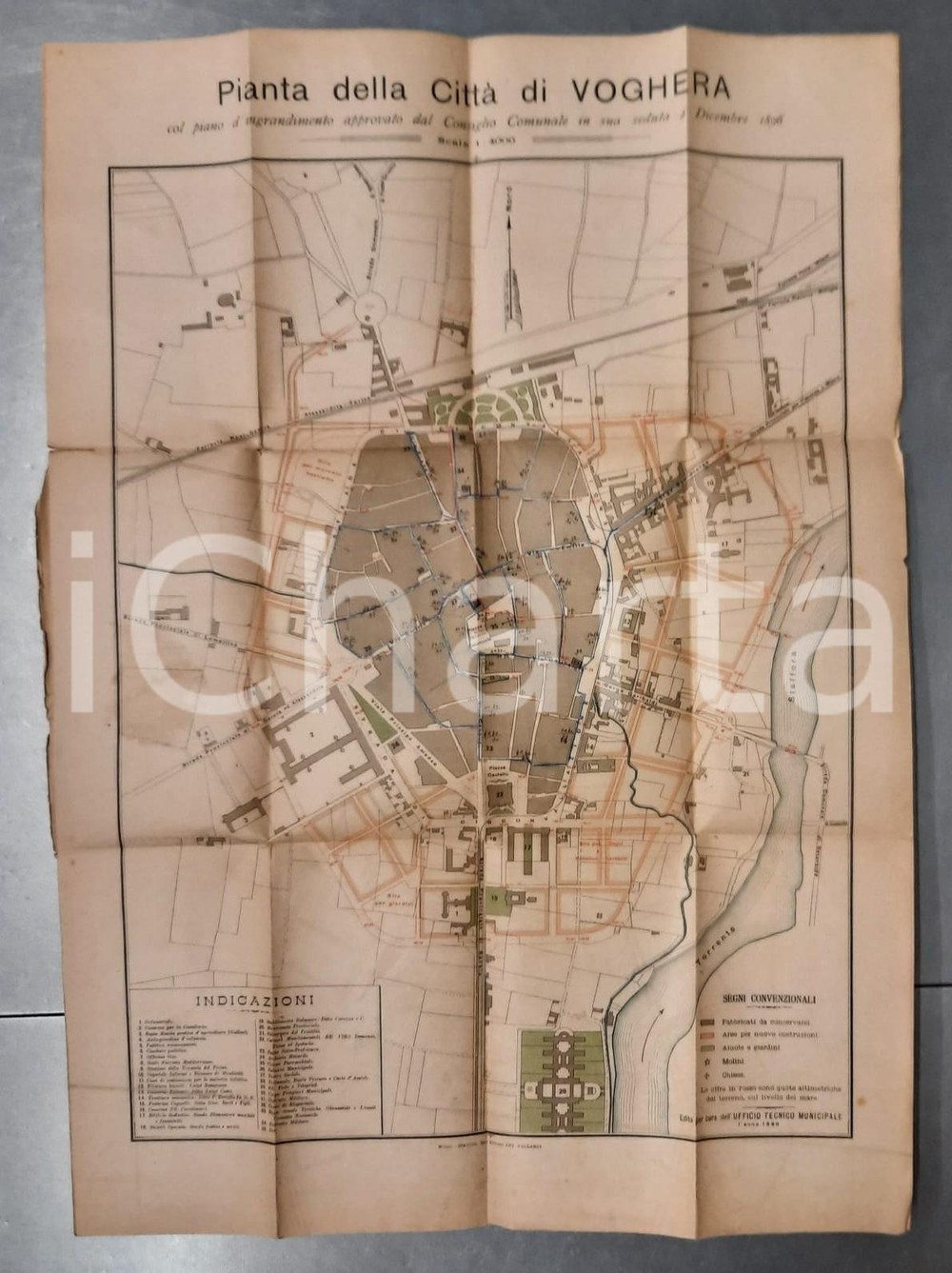 Mappa, planimetria storica 1896 VOGHERA  Pianta della città col piano d ingrandimento  Mappa 50x67 cm 1