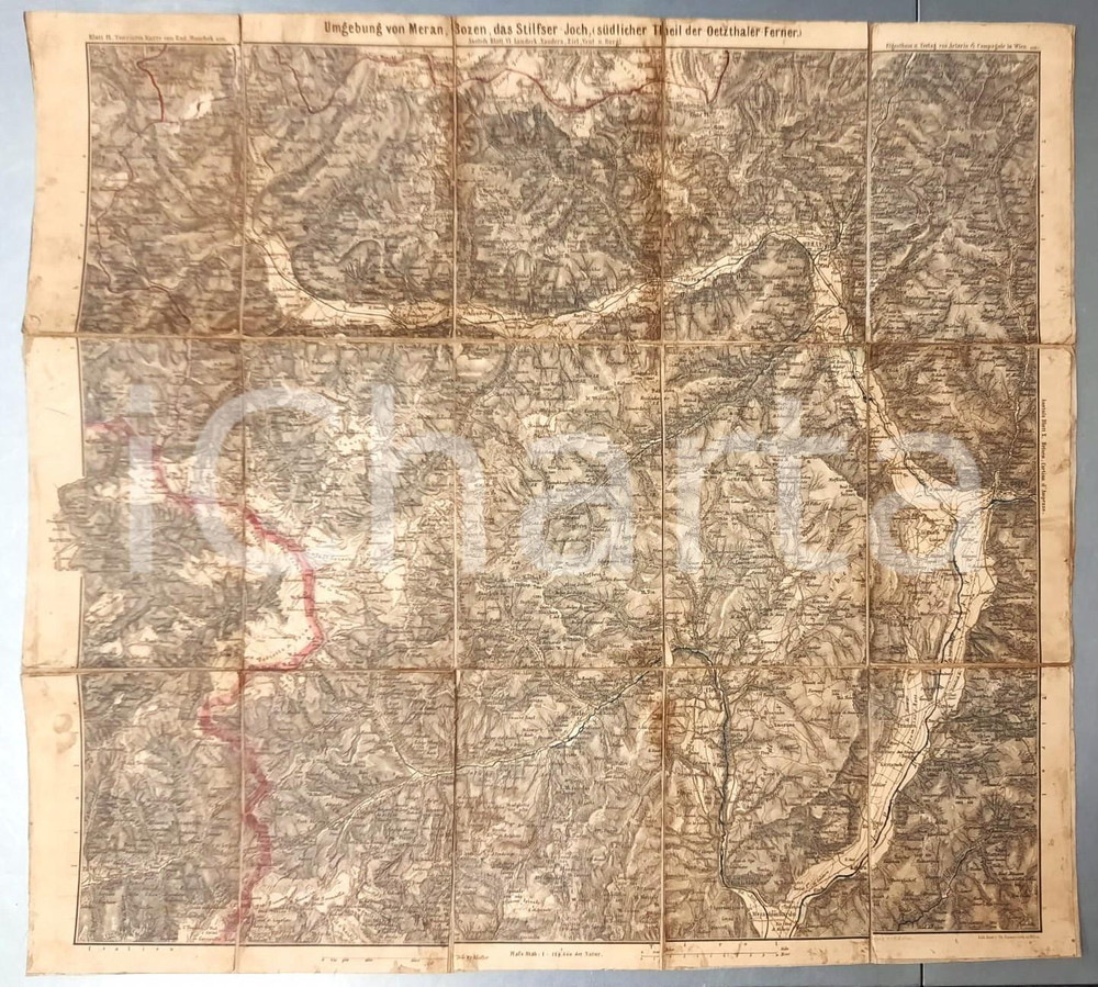 1887 Umgebung von MERAN, BOZEN, das STILFSER-JOCH - Mappa 60x54 cm Rara mappa pieghevole, originale d'epoca, montata su carta lucida.AUTORE: Rudolf Maschek EDITORE: Artaria  CONDIZIONI:POOR/danneggiato macchie di umiditàFORMATO: 60x54 cm originale e autentica 1