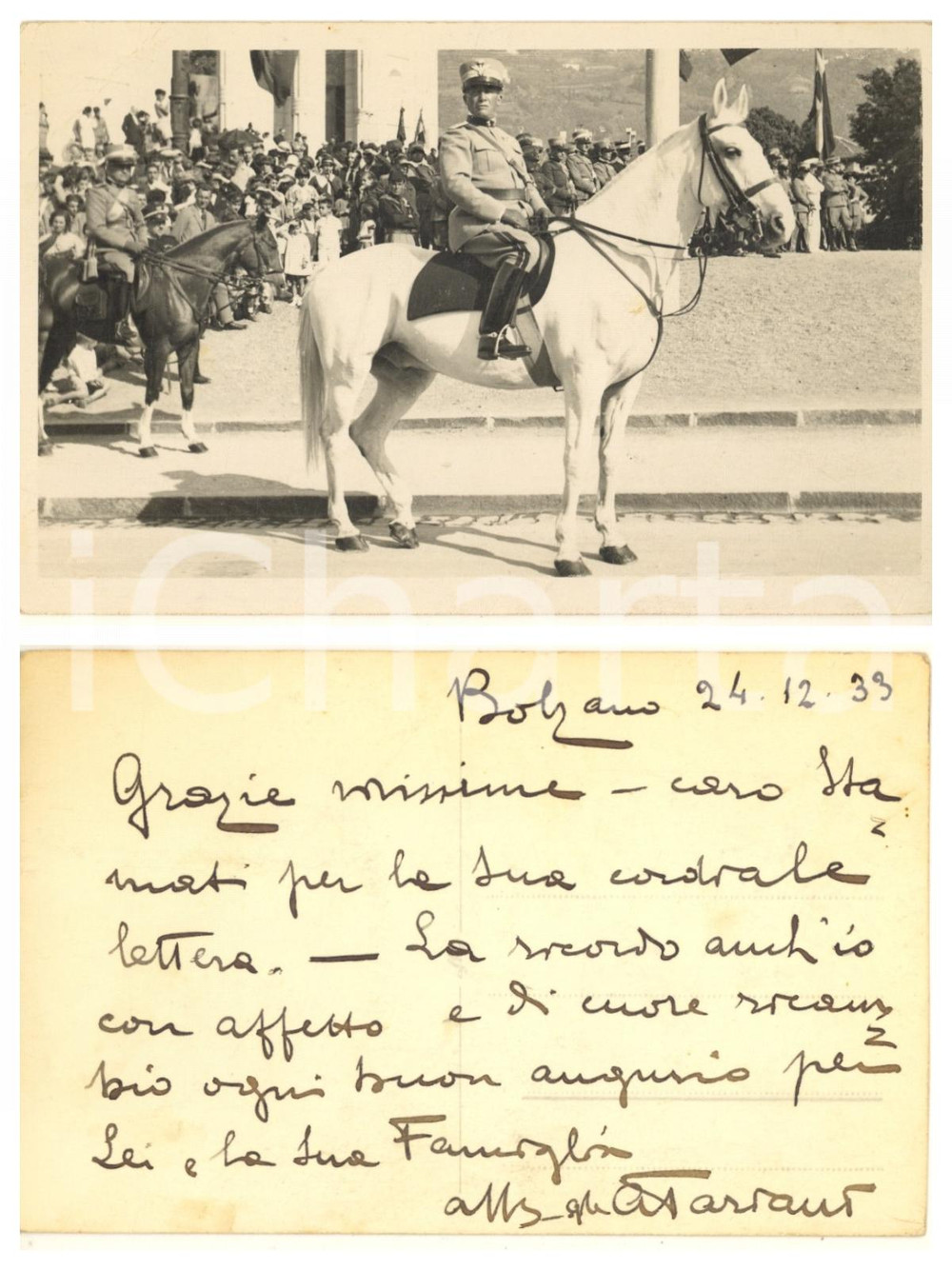 Autografo originale 1933 BOLZANO Gen. Alberto PARIANI a cavallo Foto con messaggio AUTOGRAFO 1