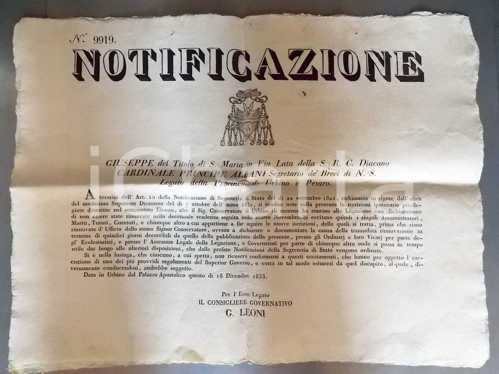 Documento originale, autentico 1833 URBINO Iscrizioni privilegiate scadute e rimesse alla Legazione Manifesto 1