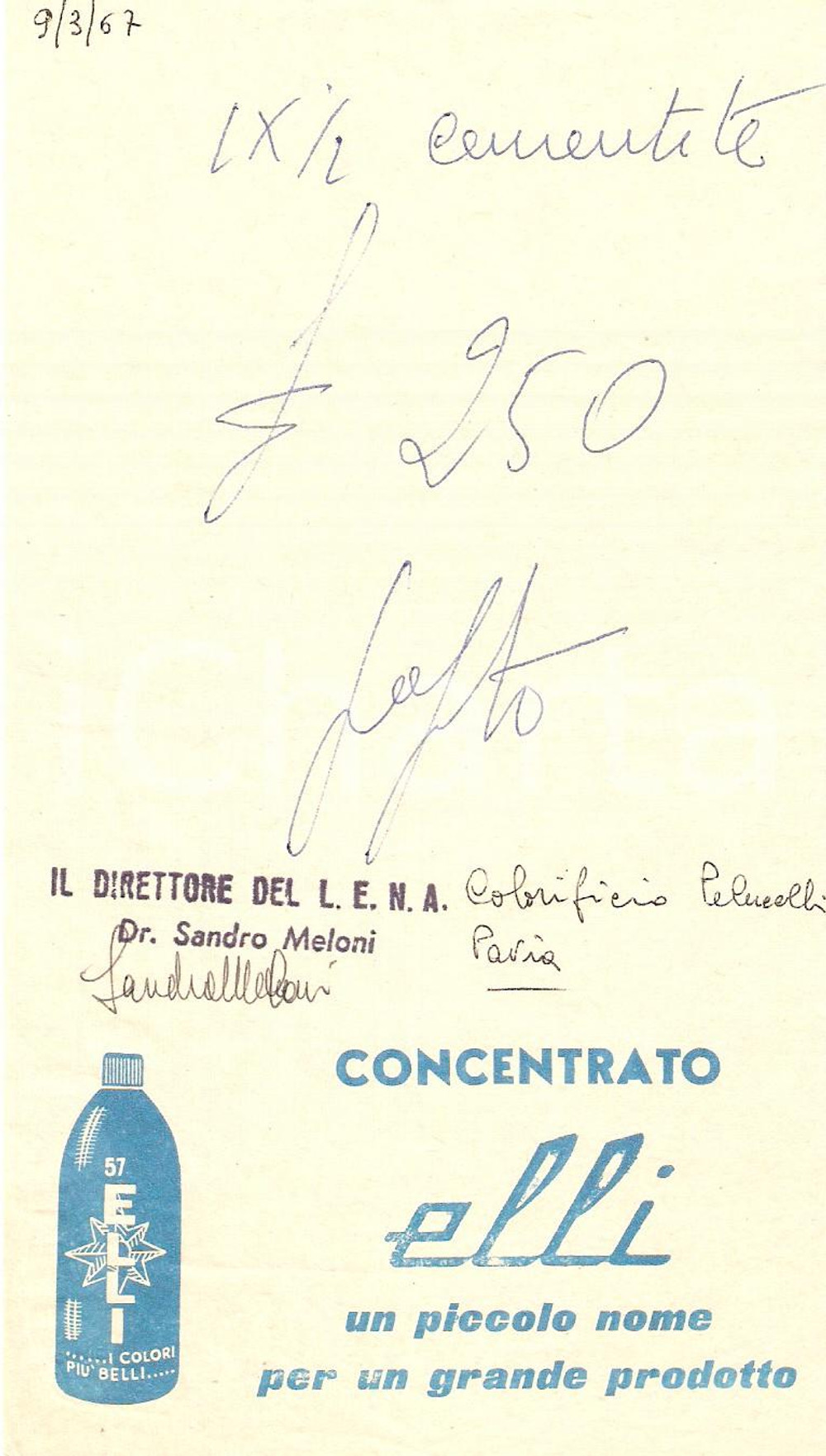 Materiale pubblicitario d’epoca 1971 PAVIA Colorificio PELLUCELLI Concentrato ELLI Vernici *Ricevuta 10x15 cm 1
