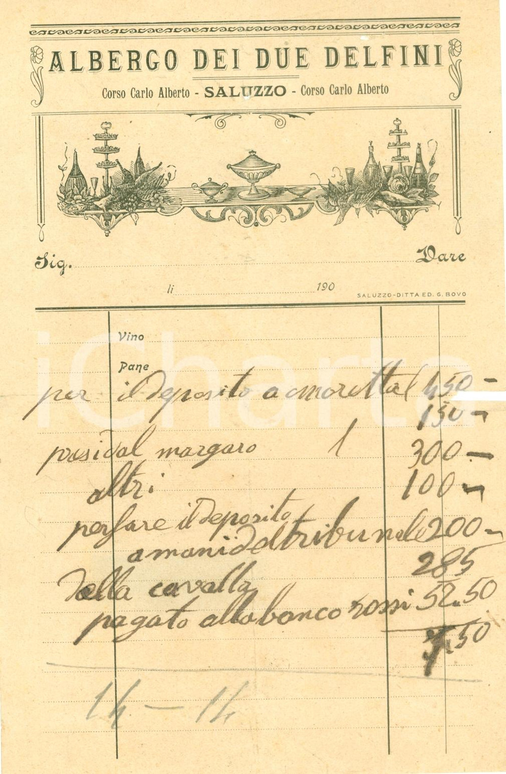 Documento originale, autentico 1900 ca SALUZZO (CN) Albergo DEI DUE DELFINI *Fattura commerciale DANNEGGIATA 1