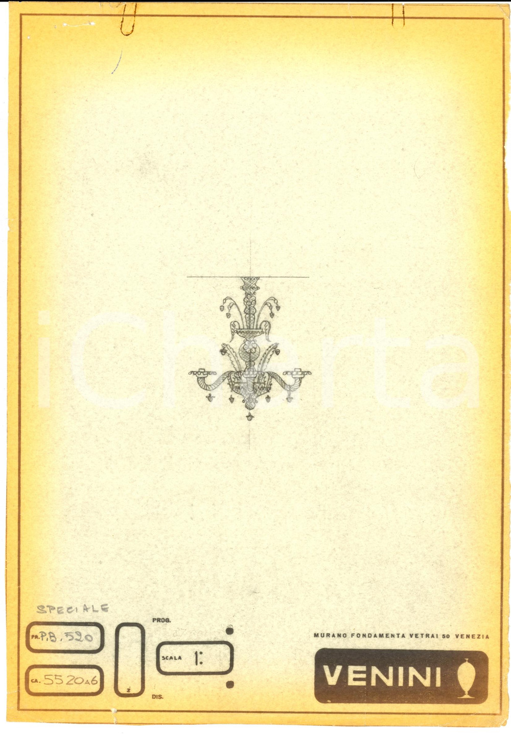 Materiale pubblicitario d’epoca 1960 ca MURANO VENEZIA Ditta VENINI Disegno di lampadario *Copia eliografica 1