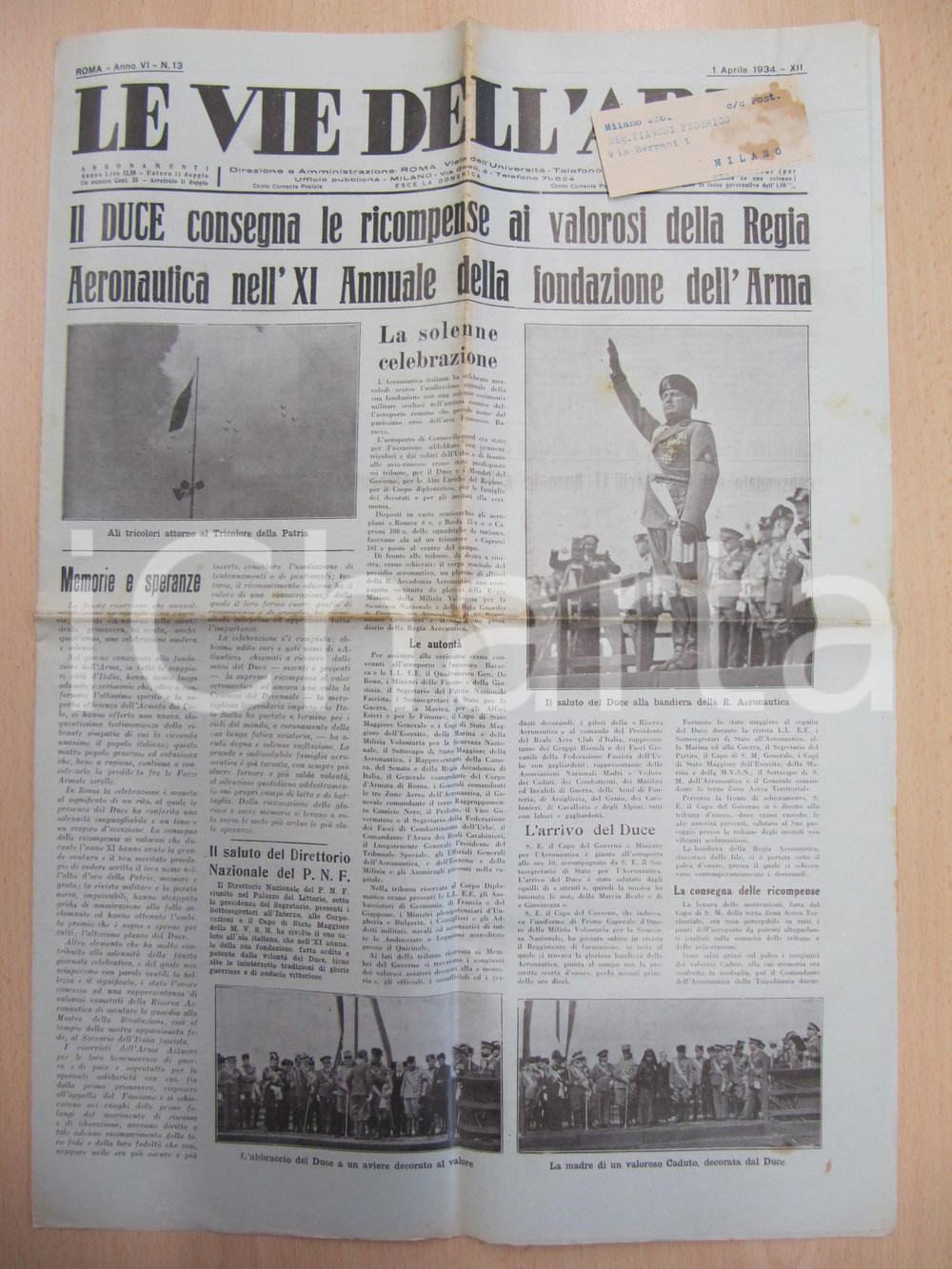 Giornale, rivista storica 1934 LE VIE DELL ARIA DUCE consiglia ricompense per 11° anniversario AERONAUTICA 1