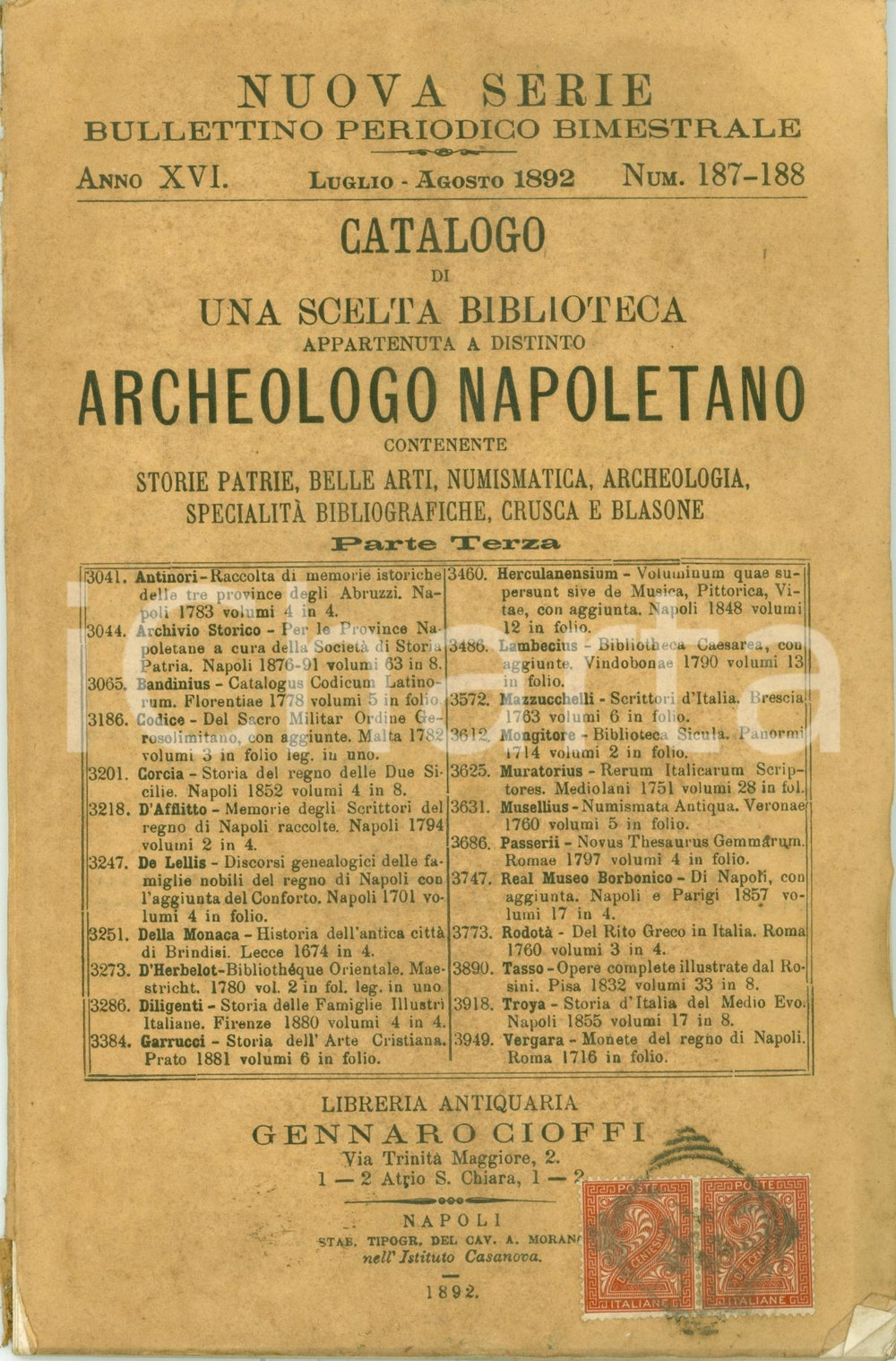 Libro, pubblicazione d epoca 1892 NAPOLI Libreria Gennaro CIOFFI Catalogo biblioteca di archeologo napoletano 1