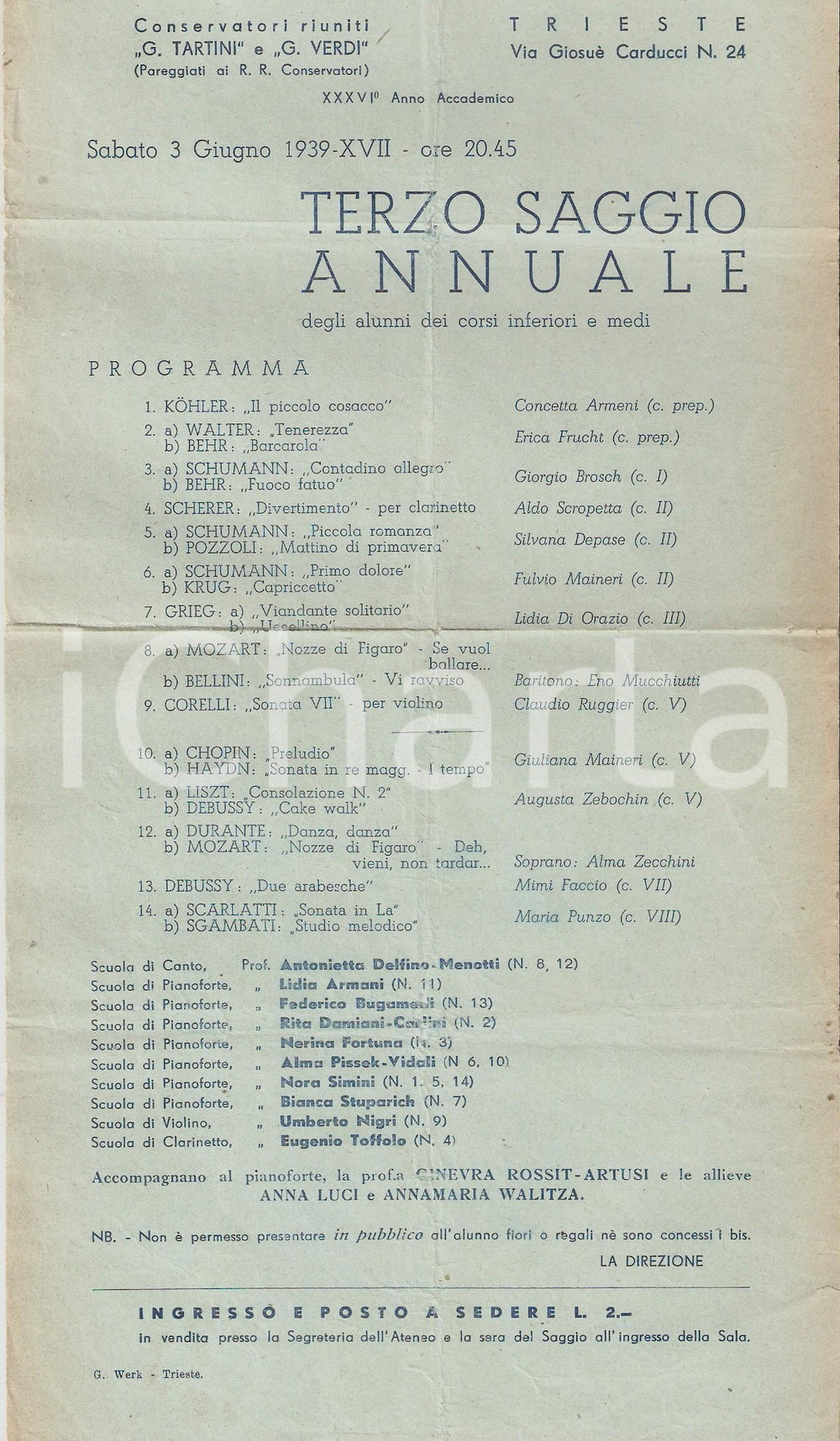 Materiale pubblicitario d’epoca 1939 TRIESTE Saggio annuale Ateneo Musicale Triestino  Programma 1