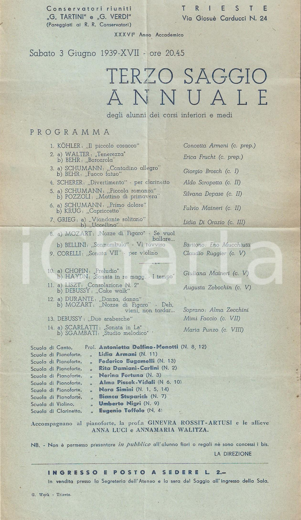 Materiale pubblicitario d’epoca 1939 TRIESTE Saggio annuale Ateneo Musicale Triestino Programma 1
