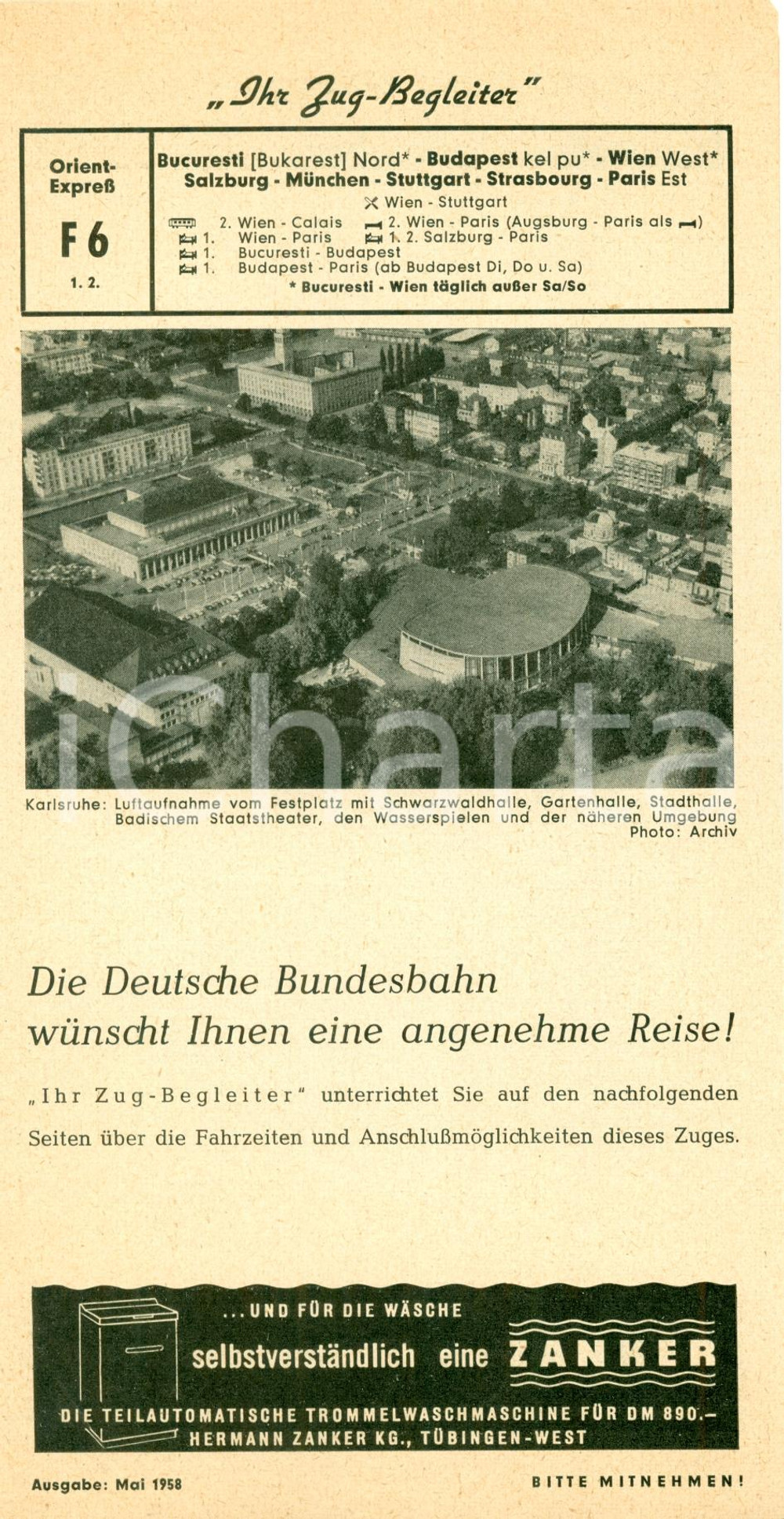 Materiale pubblicitario d’epoca 1958 ORIENT EXPRESS Tratta ferroviaria da BUCAREST a PARIS EST Opuscolo 1