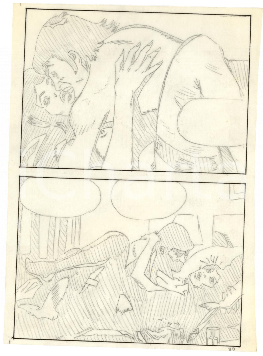 Stampa, bozzetto originale 1970 Fumetto erotico LANDO a letto Tavola originale a matita su lucido LUBE 1