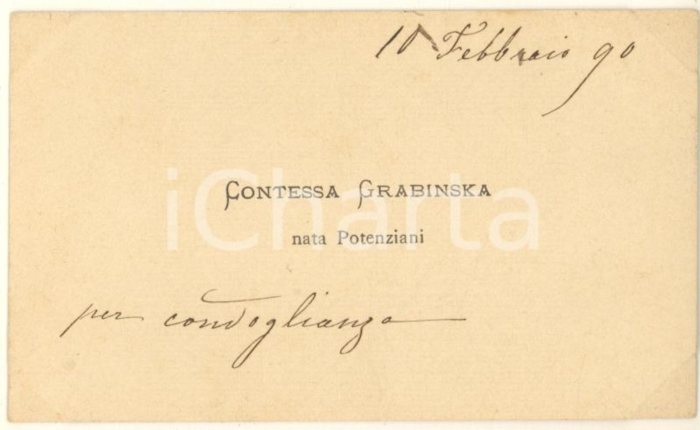 1890 BOLOGNA Contessa Sofia POTENZIANI GRABINSKA - Biglietto AUTOGRAFO Biglietto da visita originale d'epoca, con messaggio autografo. CONDIZIONI:FAIR/discreto lieve schiacciamento agli angoli per inserimento in un albumFORMATO: 11x7 cm originale e autentica 1