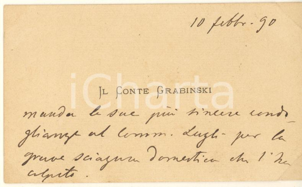 Autografo originale 1890 BOLOGNA Conte GRABINSKI  Biglietto condoglianze AUTOGRAFO 1
