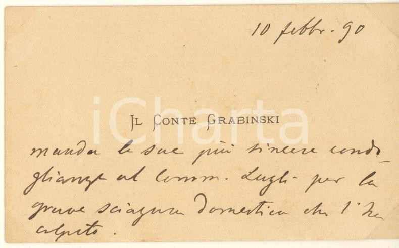 Autografo originale 1890 BOLOGNA Conte GRABINSKI  Biglietto condoglianze AUTOGRAFO 1
