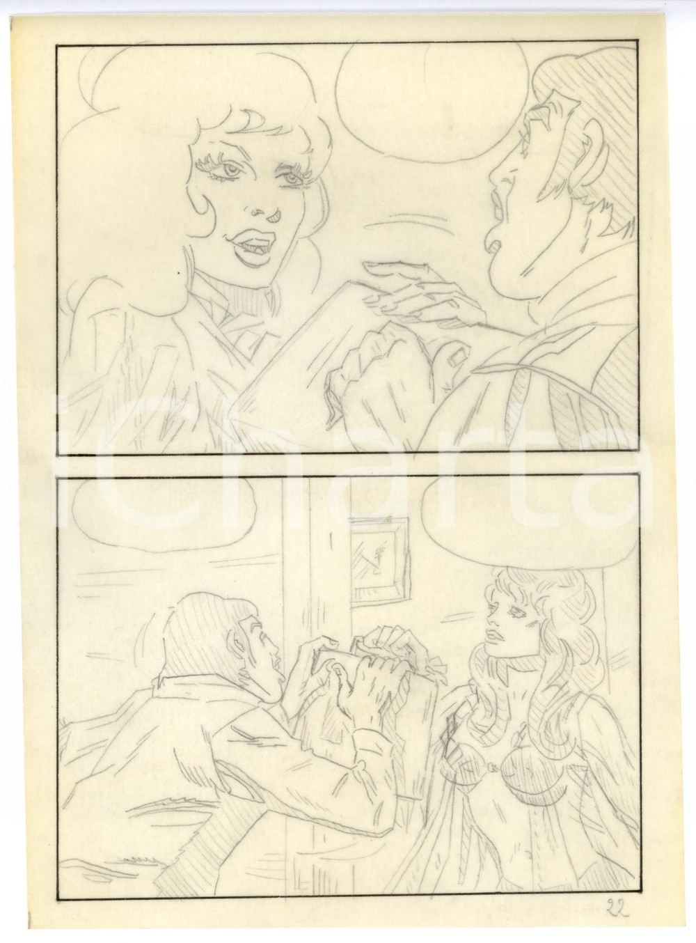 Stampa, bozzetto originale 1970 Fumetto erotico LANDO panettoni Tavola originale matita su lucido LUBE 1