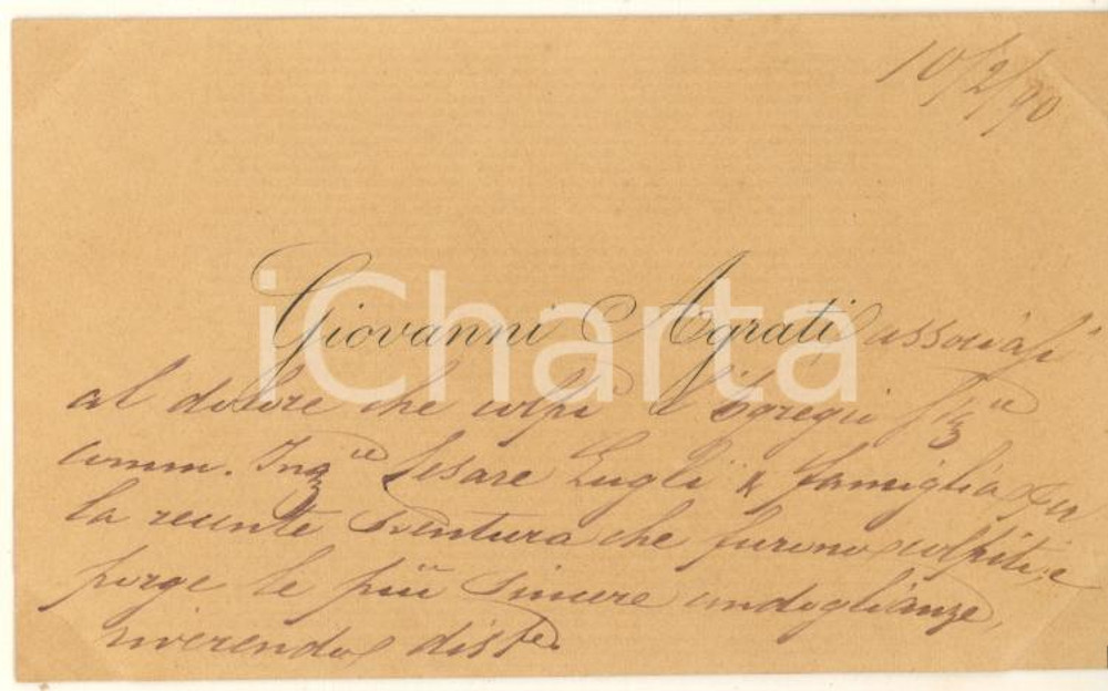 Autografo originale 1890 BOLOGNA Giovanni AGRATI  Biglietto condoglianze AUTOGRAFO 1