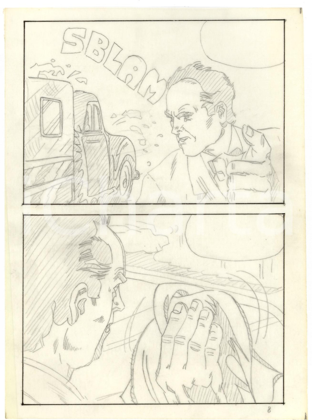 Stampa, bozzetto originale 1970 Fumetto erotico LANDO camion Tavola originale matita su lucido LUBE 1