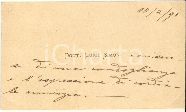 Autografo originale 1890 ca BOLOGNA Dott. Luigi SIMONI giurista  Biglietto da visita AUTOGRAFO 1