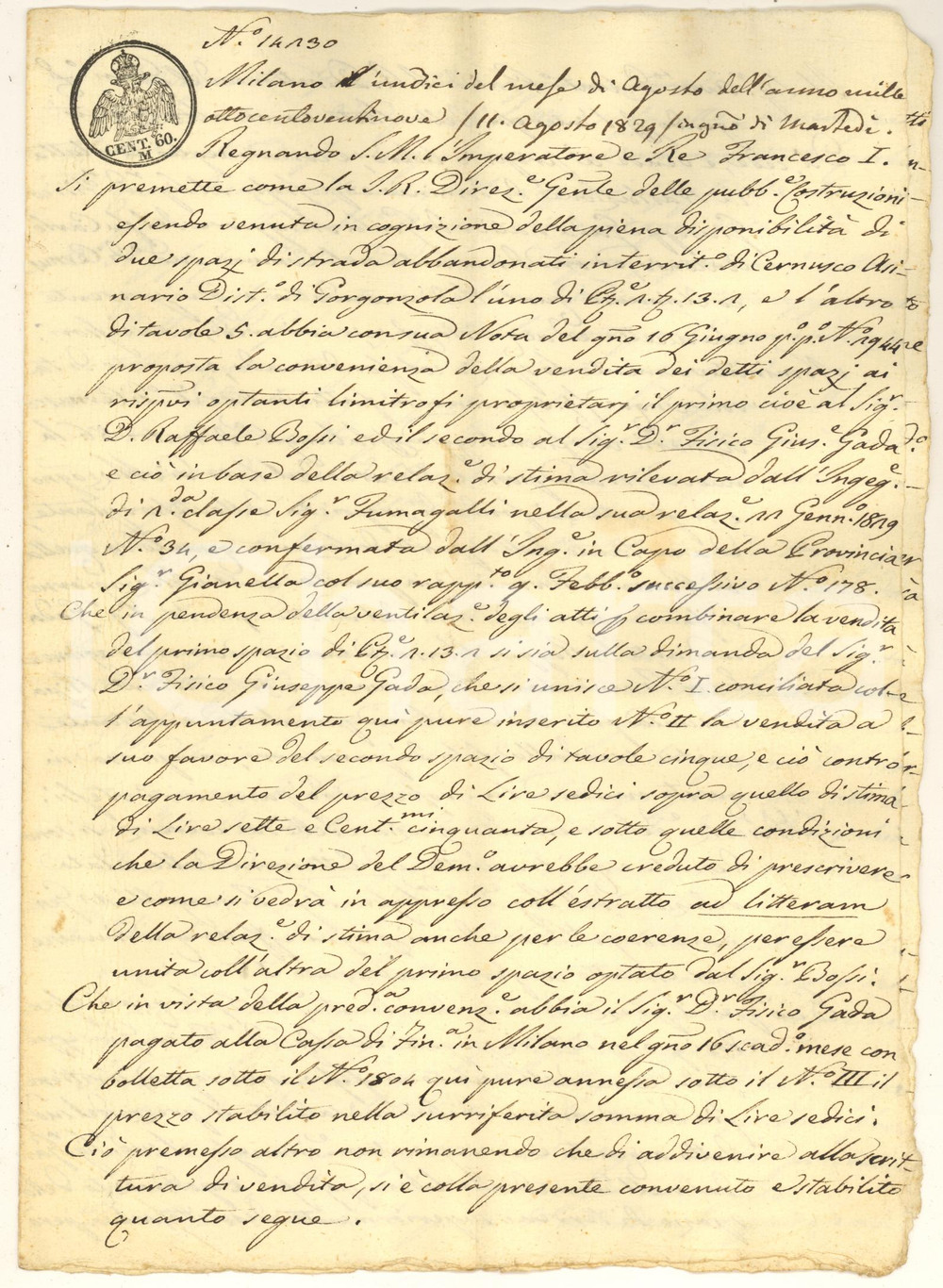 Documento originale, autentico 1829 CERNUSCO SUL NAVIGLIO Medico Giuseppe GADA acquista terreno confinante 1