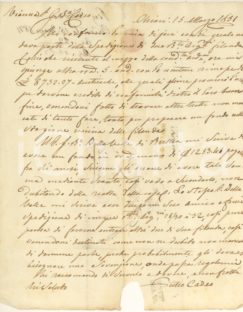 Documento originale, autentico 1831 CHIARI BS Lettera Pietro CADEO su commercio con le filande 1