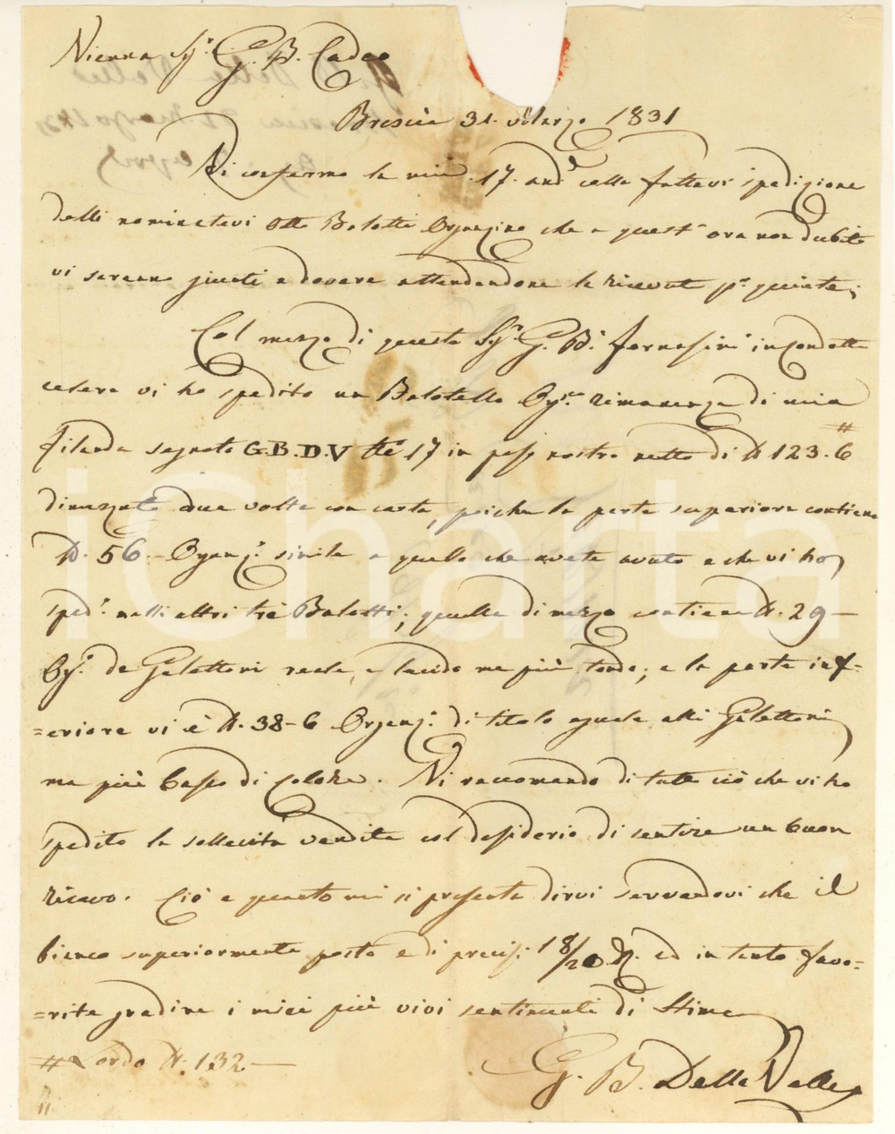 Documento originale, autentico 1831 BRESCIA Lettera Giovanni Battista DELLA VALLE per invio filati da vendere 1