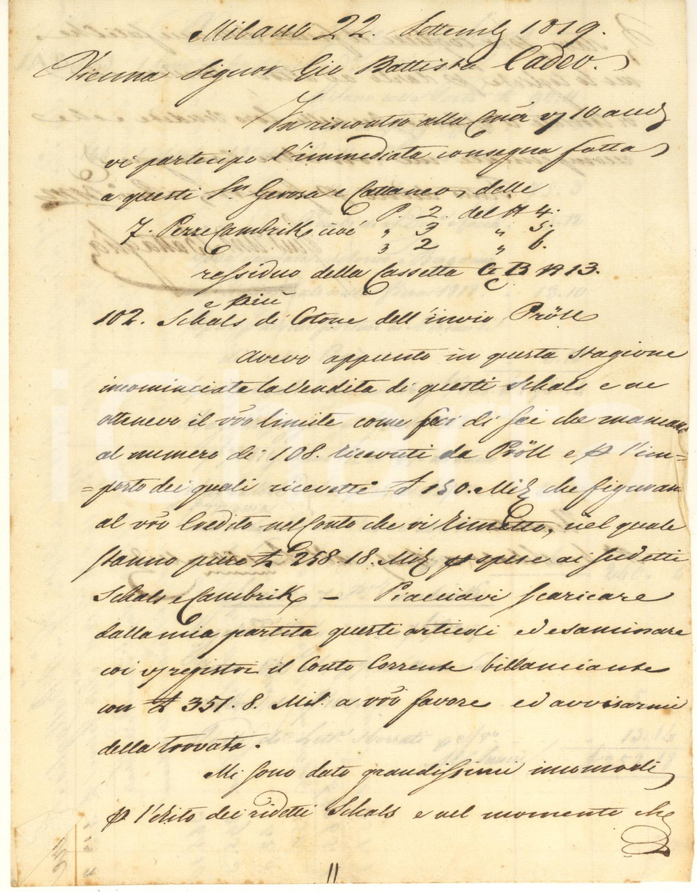Manoscritto, lettera originale 1819 MILANO Lettera Giovanni Antonio BATTAGLIA per vendita cotone Cambric 1