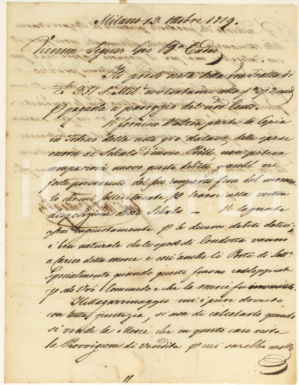 Manoscritto, lettera originale 1819 MILANO Giovanni Antonio BATTAGLIA su vendita stoffe e ricavi agente 1