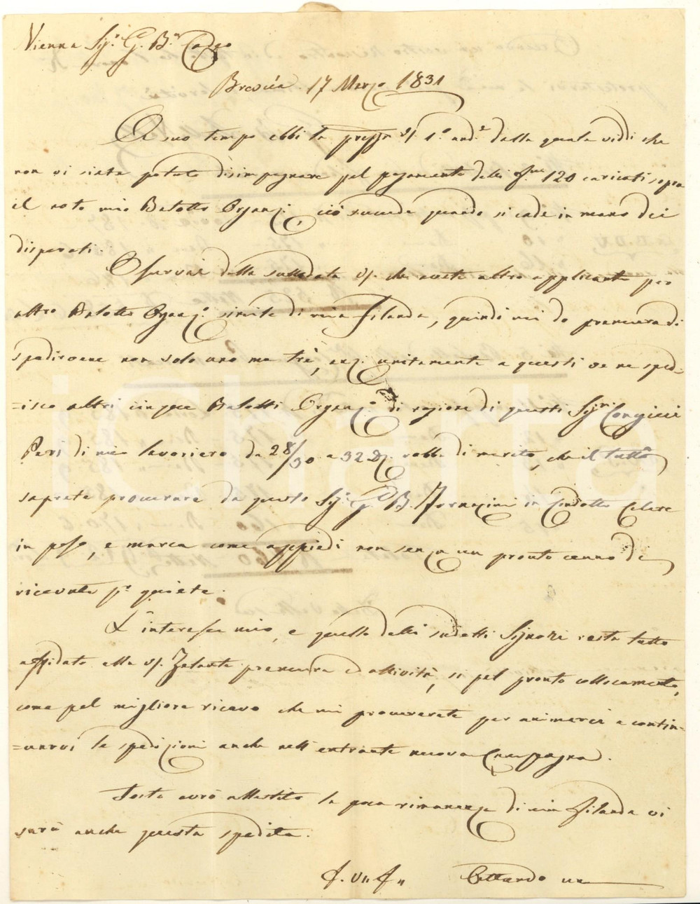 Documento originale, autentico 1831 BRESCIA Lettera Giovanni Battista DELLA VALLE per invio organza da vendere 1