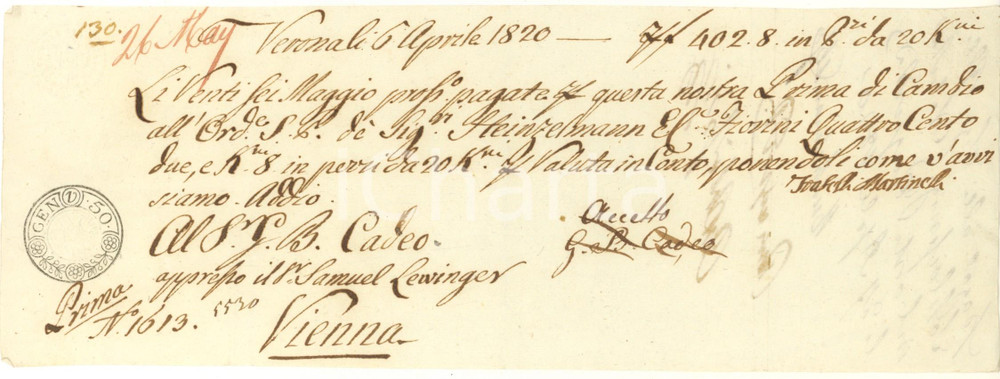 Oggetto da collezione cartaceo 1820 VERONA Cambiale Fratelli MARTINELLI pro Ditta STEINZELMANN 1