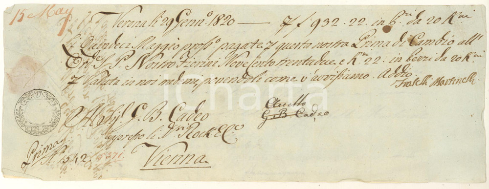 Oggetto da collezione cartaceo 1820 VERONA Cambiale Fratelli MARTINELLI pro G. B. CADEO / Ditta ROCK  Ricevuta 1