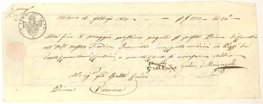 Oggetto da collezione cartaceo 1820 MILANO Cambiale Ditta GIULINI & MANGIAGALLI  Ricevuta 1