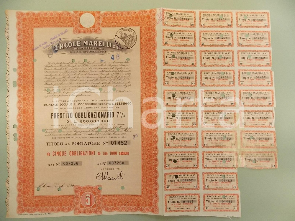 Oggetto da collezione cartaceo 1949 MILANO Ercole MARELLI & C. S.p..A. Titolo obbligazionario 28 cedole 1