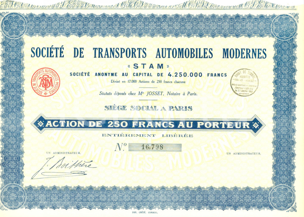 Oggetto da collezione cartaceo 1932 PARIS Société Transports Automobiles Modernes STAM Action 250 Francs 4 1