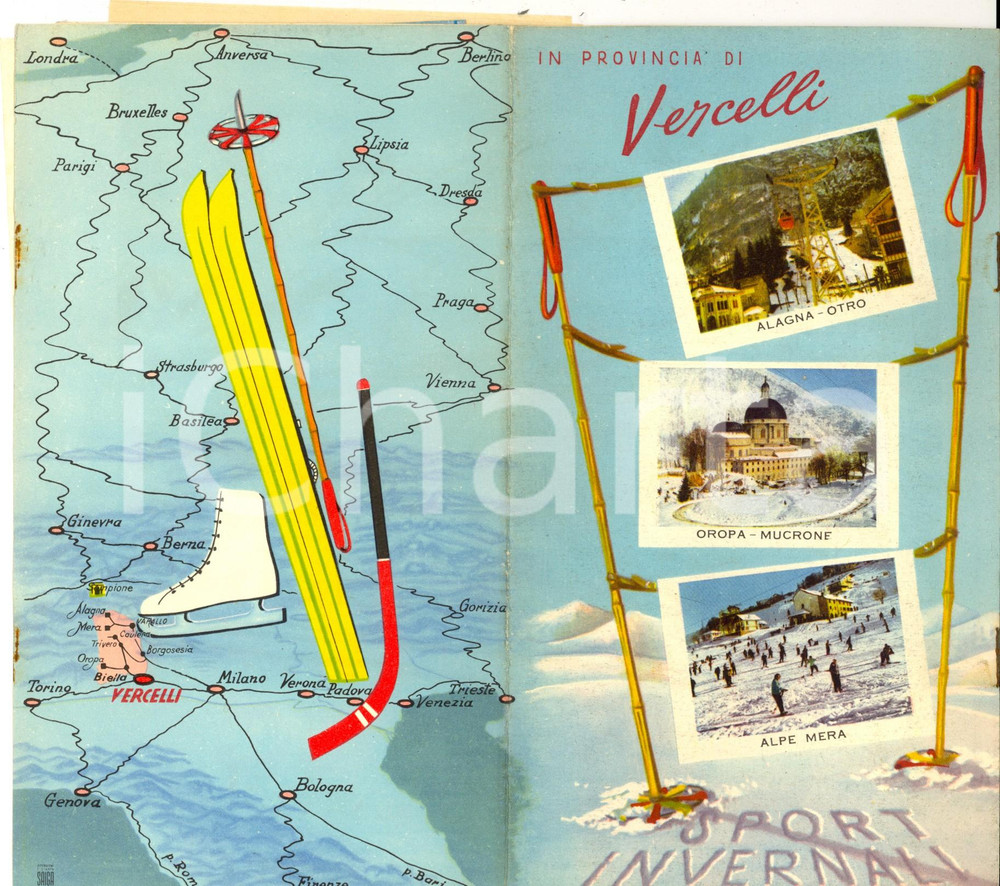 Materiale pubblicitario d’epoca 1950 ca Provincia di VERCELLI  Sport invernali Pieghevole ILLUSTRATO TURISMO 1