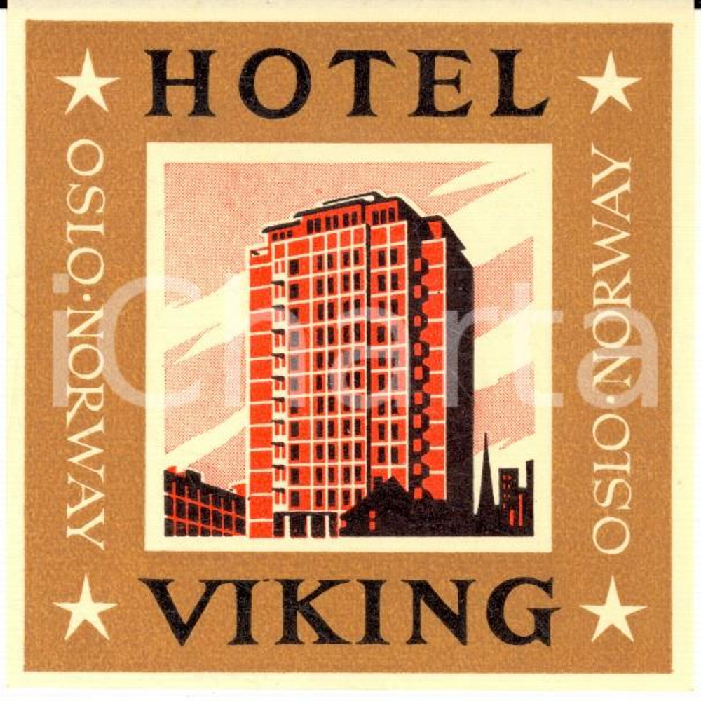 Materiale pubblicitario d’epoca 1950 ca OSLO / NORWAY Hotel VIKING Etichetta pubblicitaria ILLUSTRATA 8x8 1