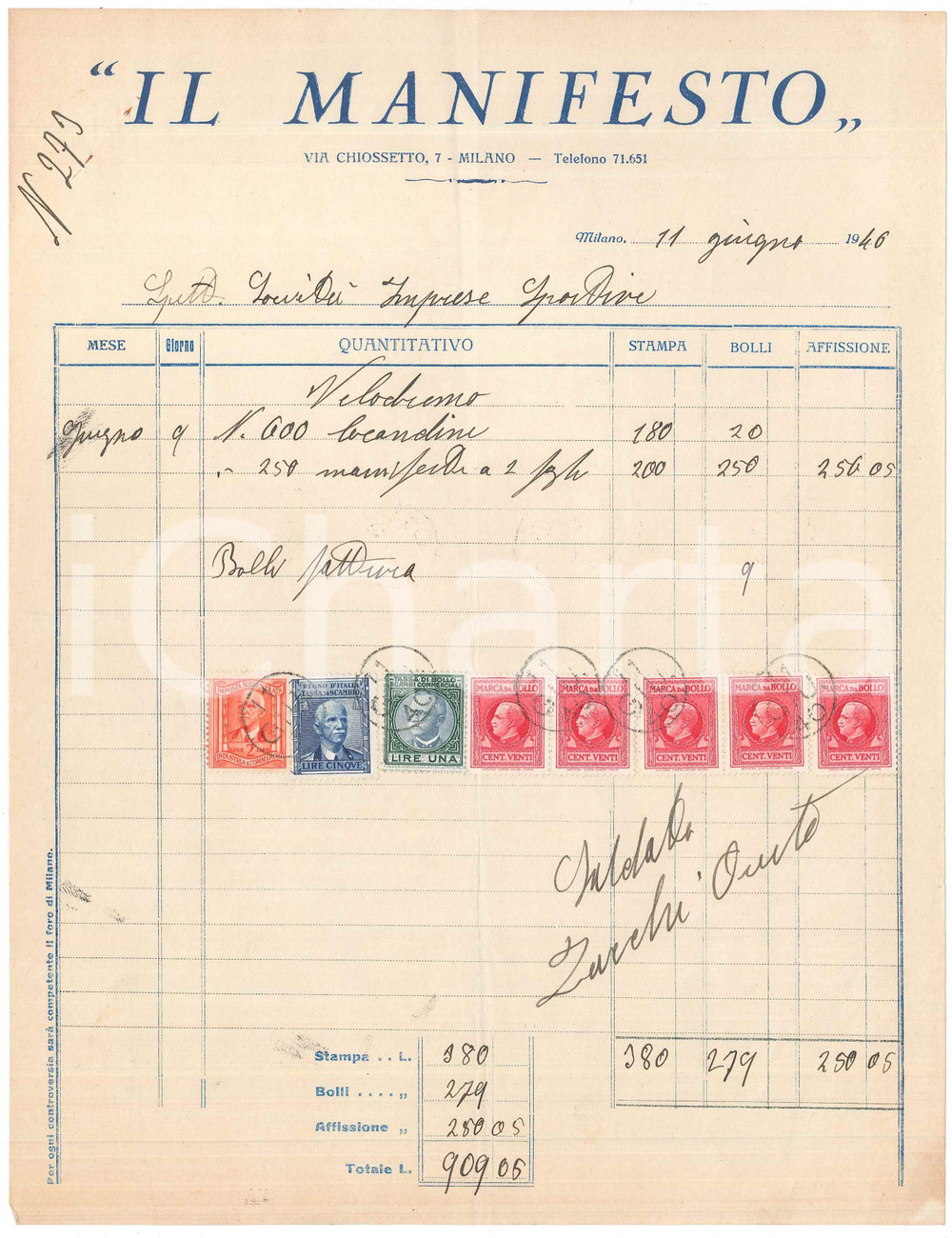 Documento originale, autentico 1940 MILANO Tipografia IL MANIFESTO Fattura locandine CICLISMO Vigorelli 1 1
