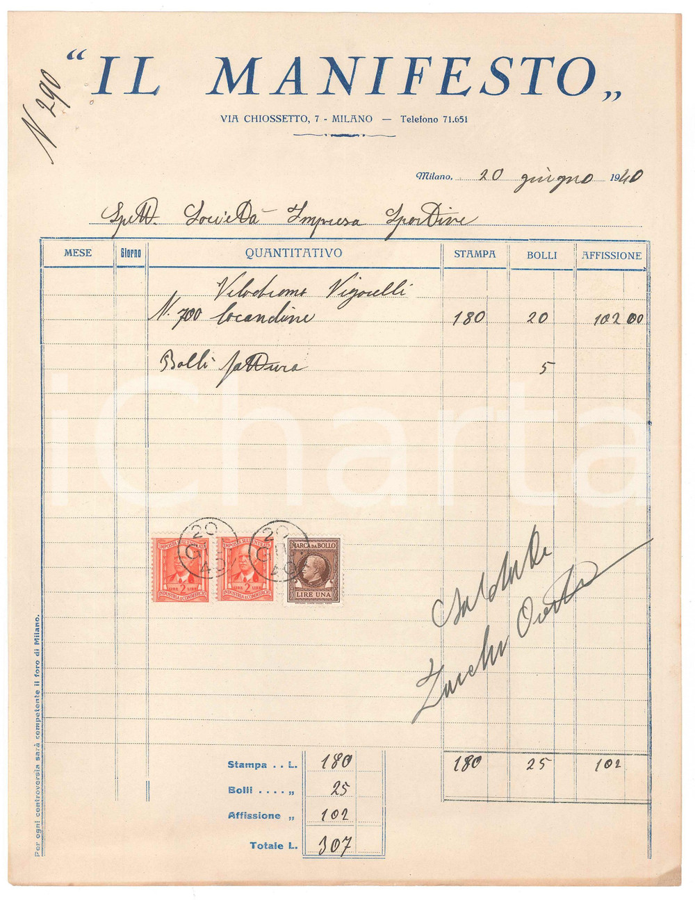 Documento originale, autentico 1940 MILANO Tipografia IL MANIFESTO Fattura locandine CICLISMO Vigorelli 2 1