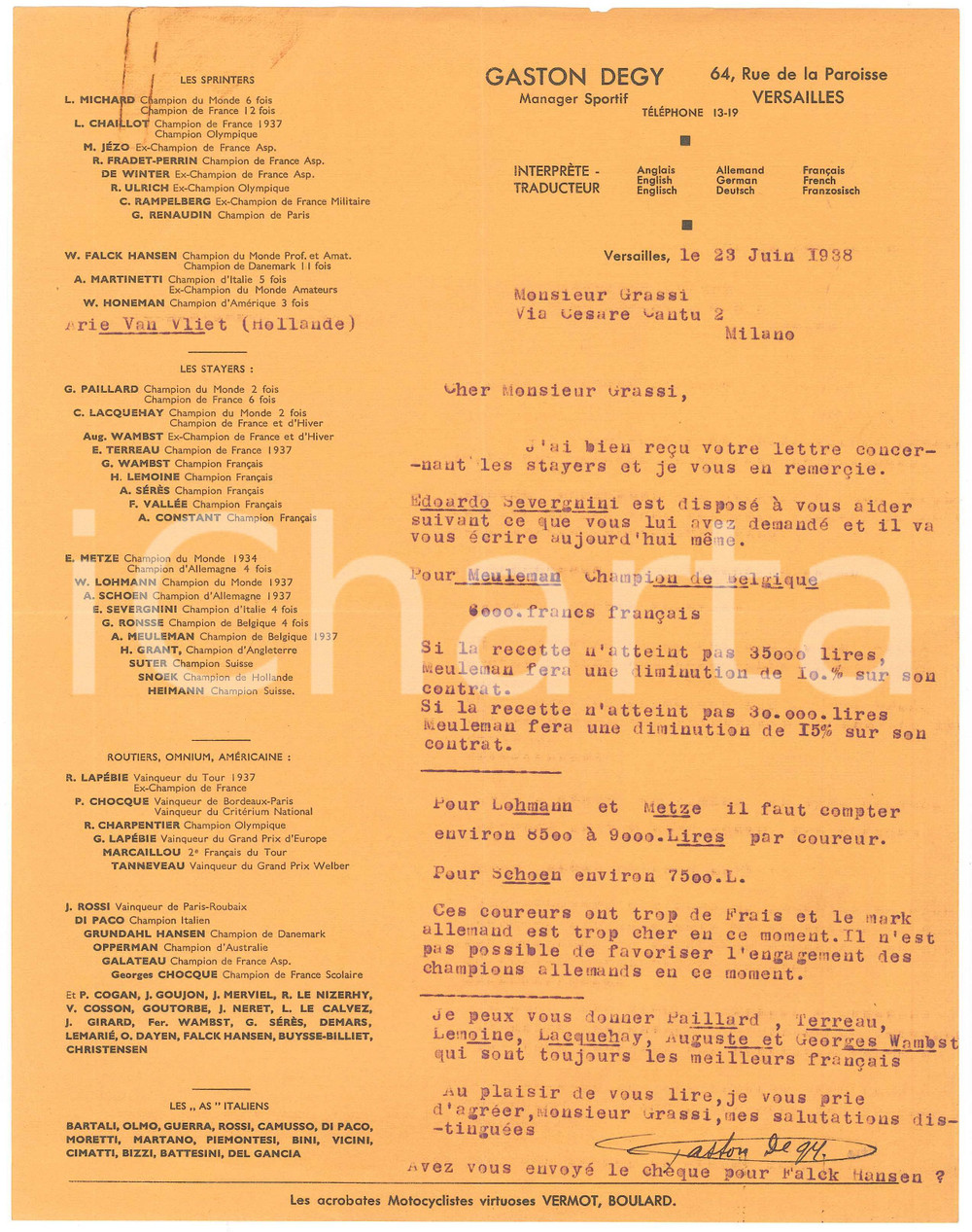 Autografo originale 1938 CICLISMO VERSAILLES Gaston DEGY su ingaggio corridori AUTOGRAFO 1