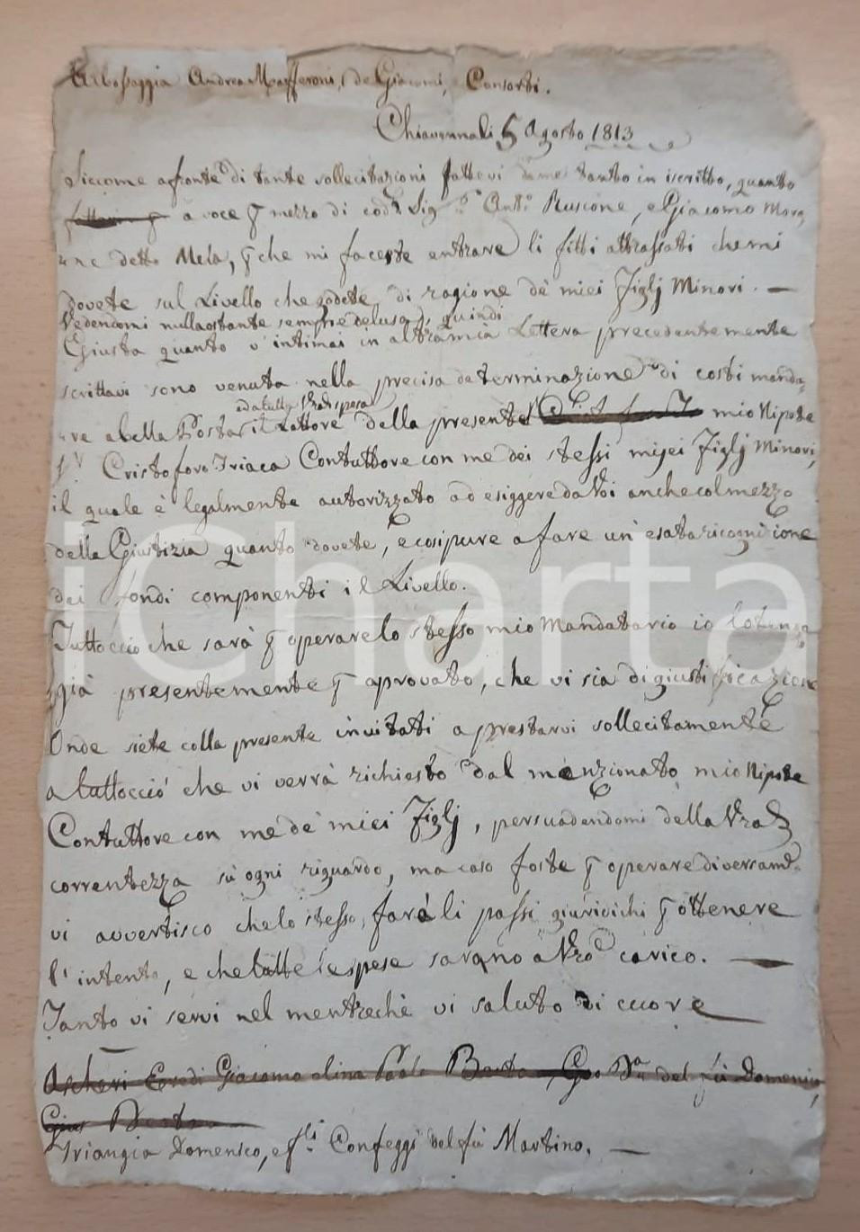 Documento originale, autentico 1813 CHIAVENNA Margherita TRIACA invia il nipote per credito spettante ai figli 1