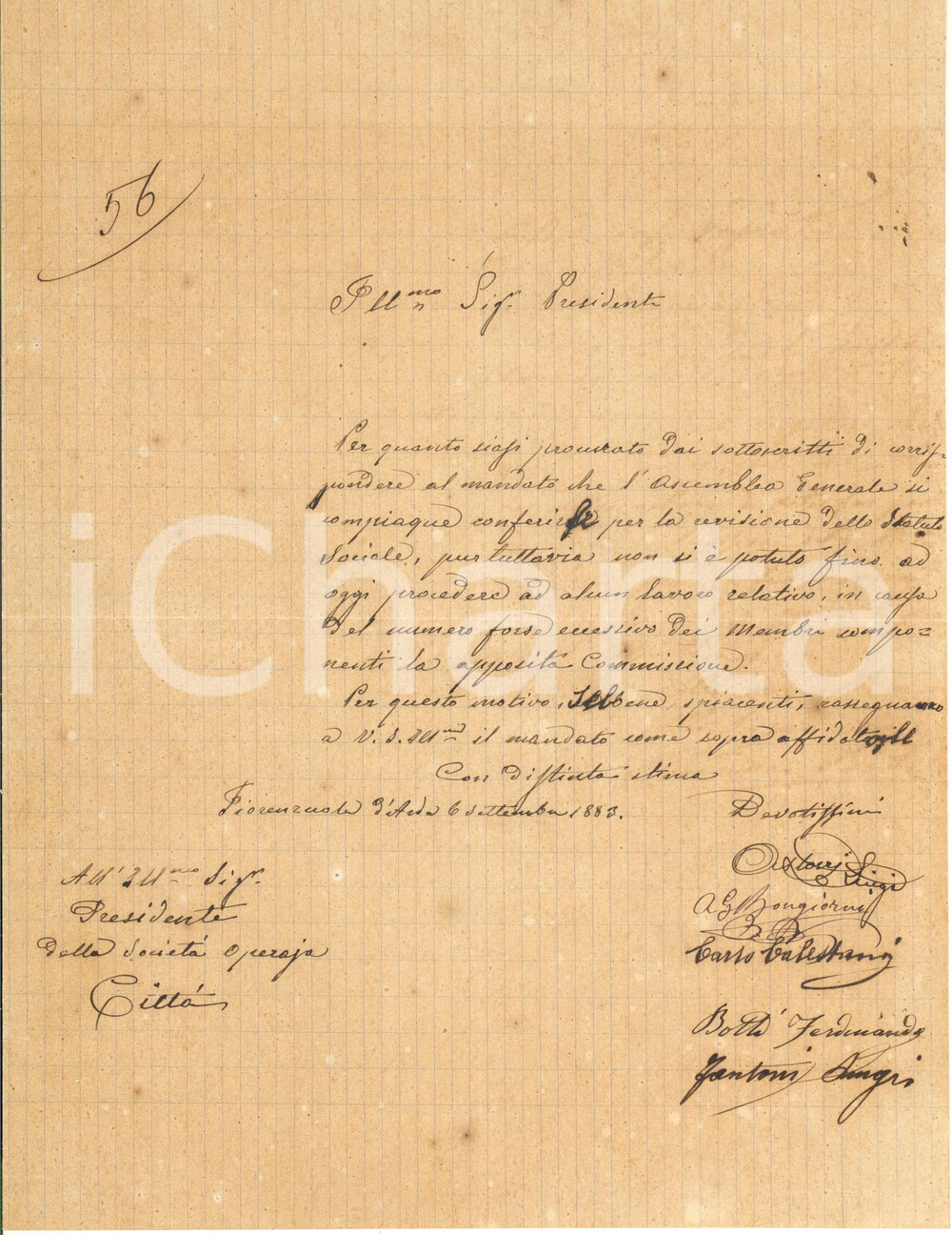 Documento originale, autentico 1883 FIORENZUOLA Società Operaia  Dimissioni membri della Commissione 1